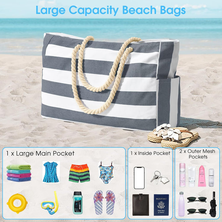 oscaurt Strandtasche Streifen Tote Bag Wasserdicht Badetasche Gross mit Reissverschluss Shopper Tasc