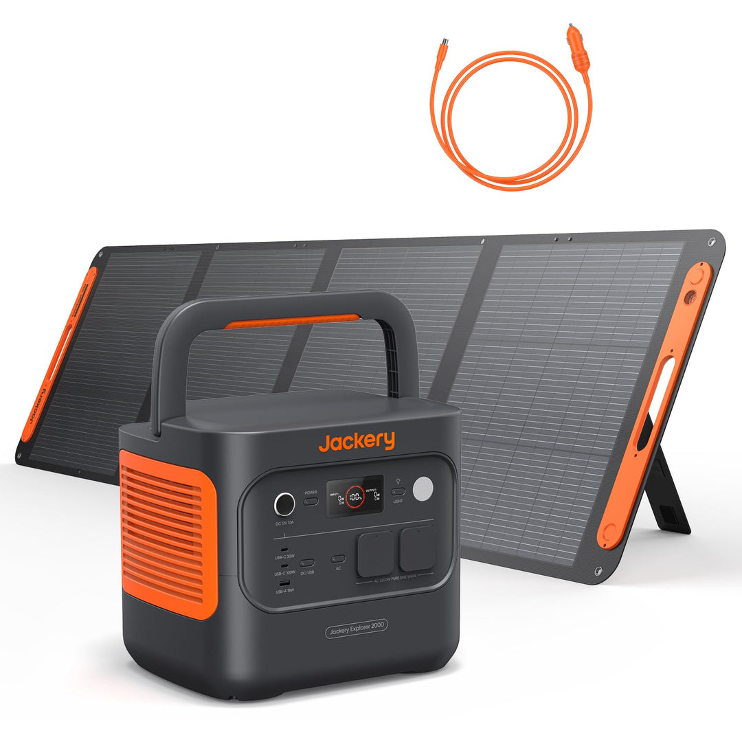 Jackery 2000 v2 Tragbare Powerstation mit 200W Solarpanel mit DC8020 Kfz-Ladekabel, 2042Wh Solargene