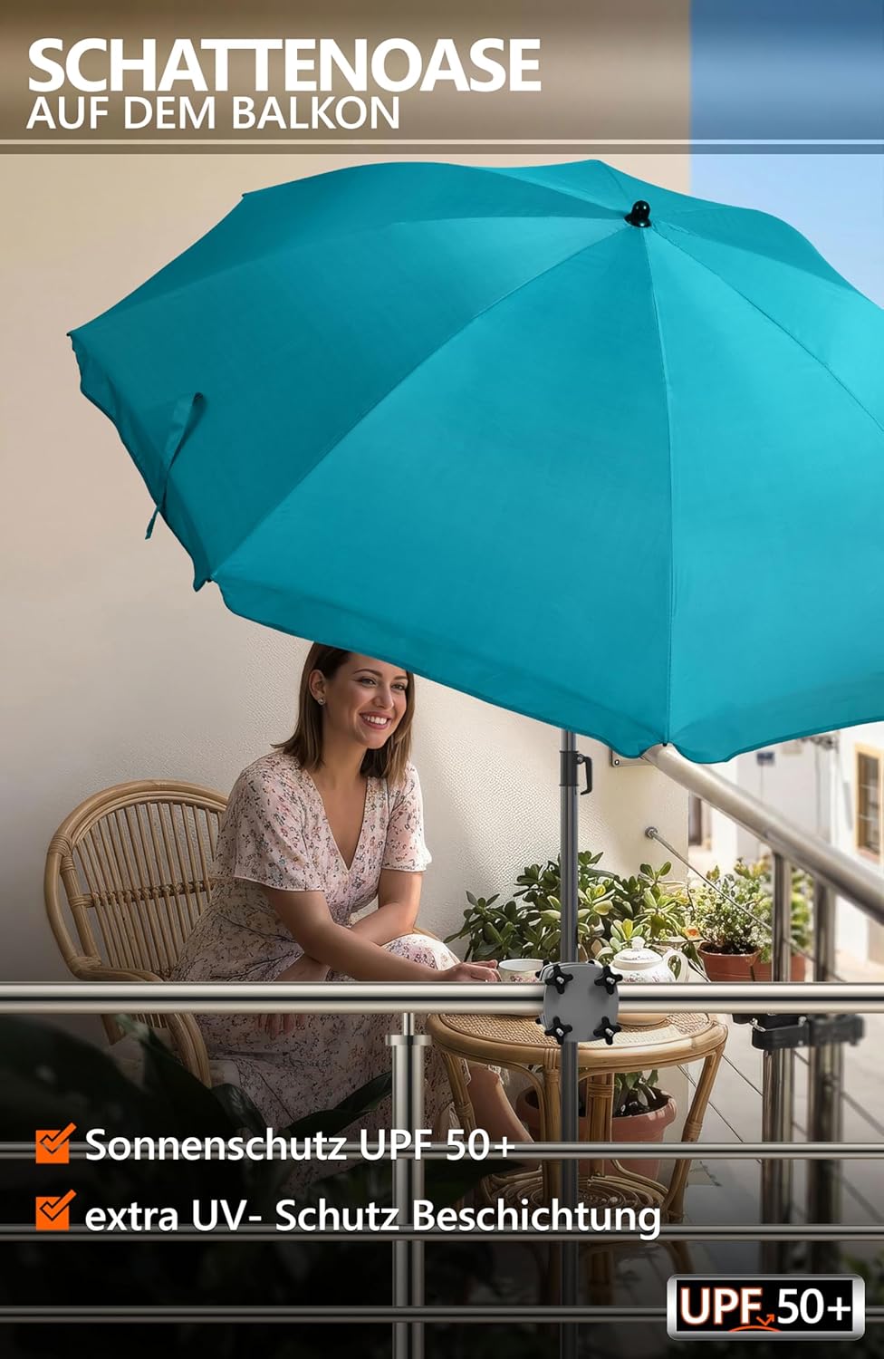 4smile Sonnenschirm Balkon SunnyJoy, 3-in-1 SET, Türkis - UPF 50+ Sonnenschirm Ø 200 cm + SunnyGuy S