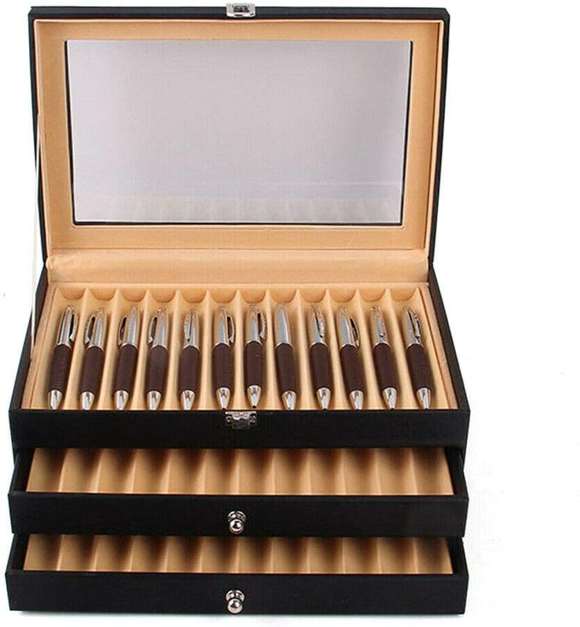 Futchoy Stifte Sammelbox Stifteköcher aus Leder 3 Schichten Stifthalterbox mit mit Glasfenster Holz