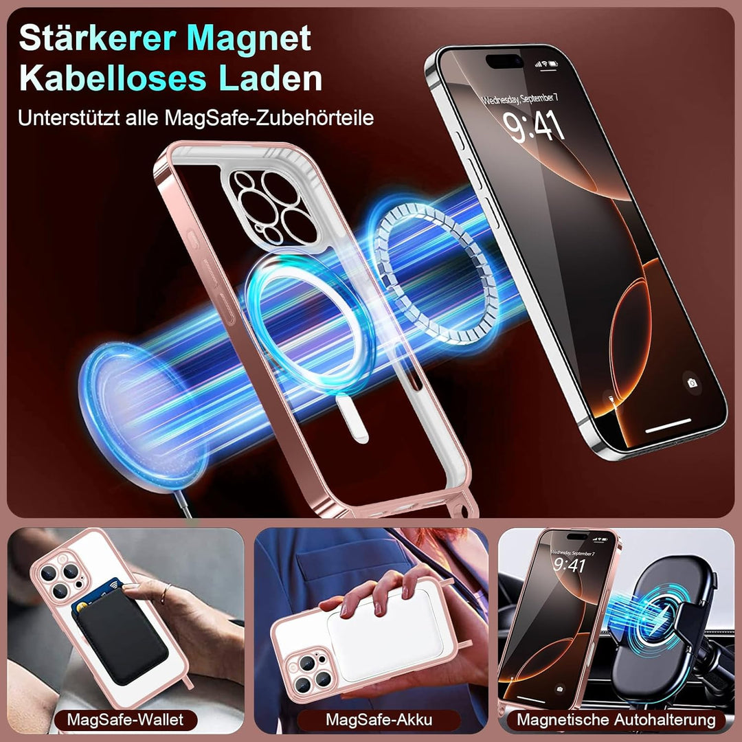 Handyband für iPhone 16 Pro Max Hülle mit Band + 2 Stück Glas Schutzfolie Transparent Silikon Handyh