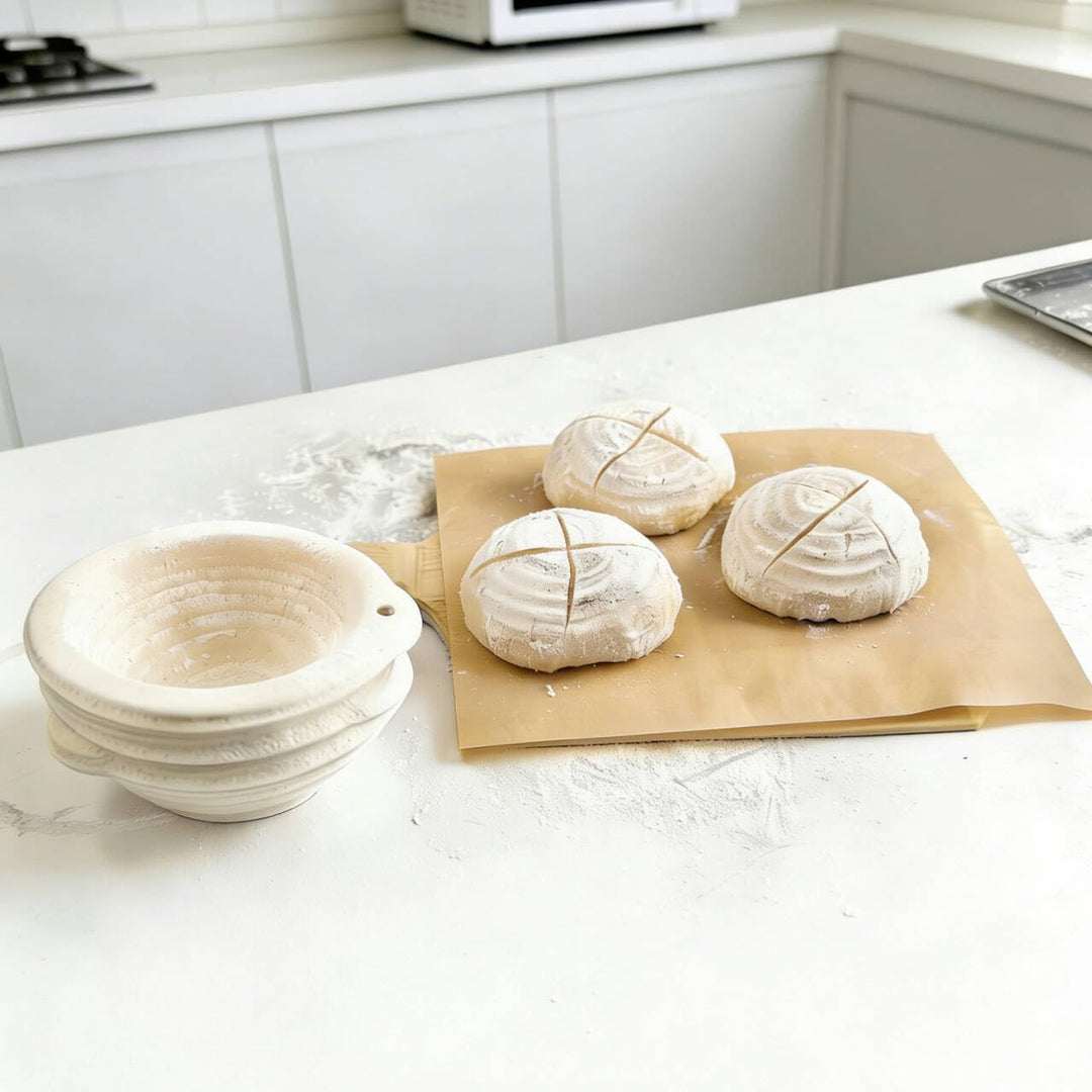 10er Set Runder Gärkorb Ø 15 x 6,5 cm aus Zellstoff | Mini Brotform mit 10 Leinentüchern | Backkorb