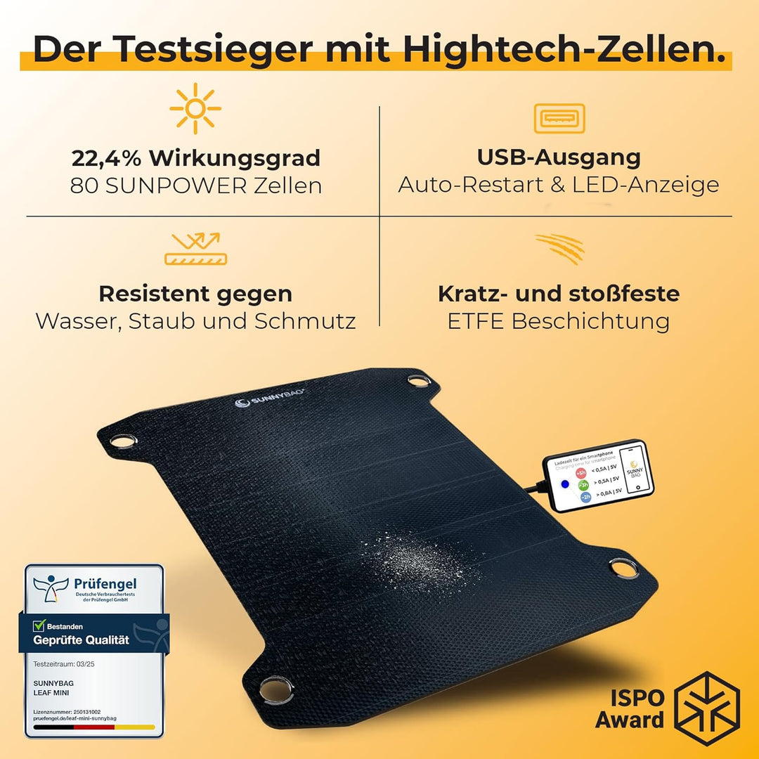 Sunnybag Leaf PRO | Award-Sieger: Das weltweit stärkste Flexible Solarpanel | 7,5 Watt | USB-Anschlu