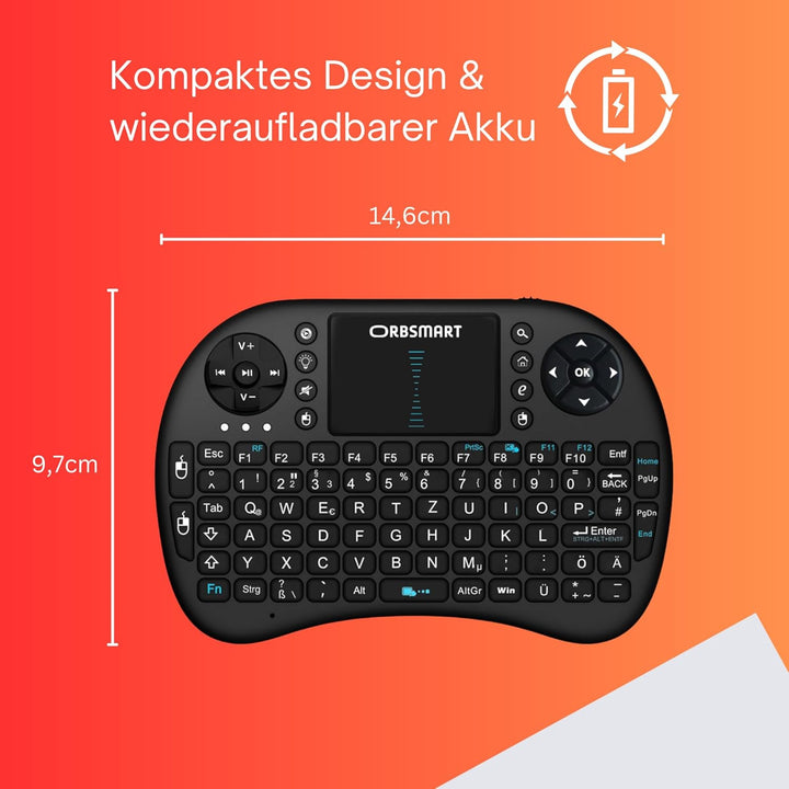 Orbsmart AM-2 kabellose Mini-Tastatur mit integrierten Touchpad/Wireless Keyboard inkl. deutsches Ta