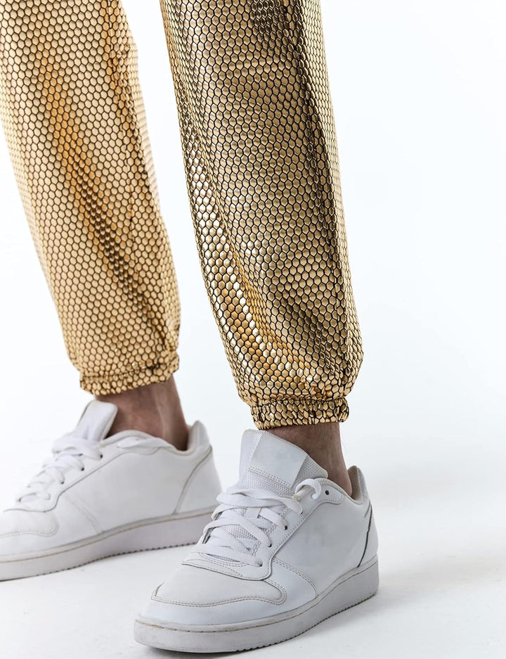 LucMatton Herren-Jogginghose, metallisch, glänzend, Disco-Party, elastische Hose M Gold-a, M Gold-a