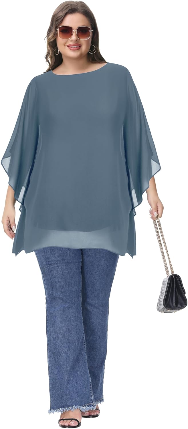 Hanna Nikole Damen Grosse Grössen Chiffon Blusen Elegant Fledermaus Hemd Doppellagige Tops Lose Long