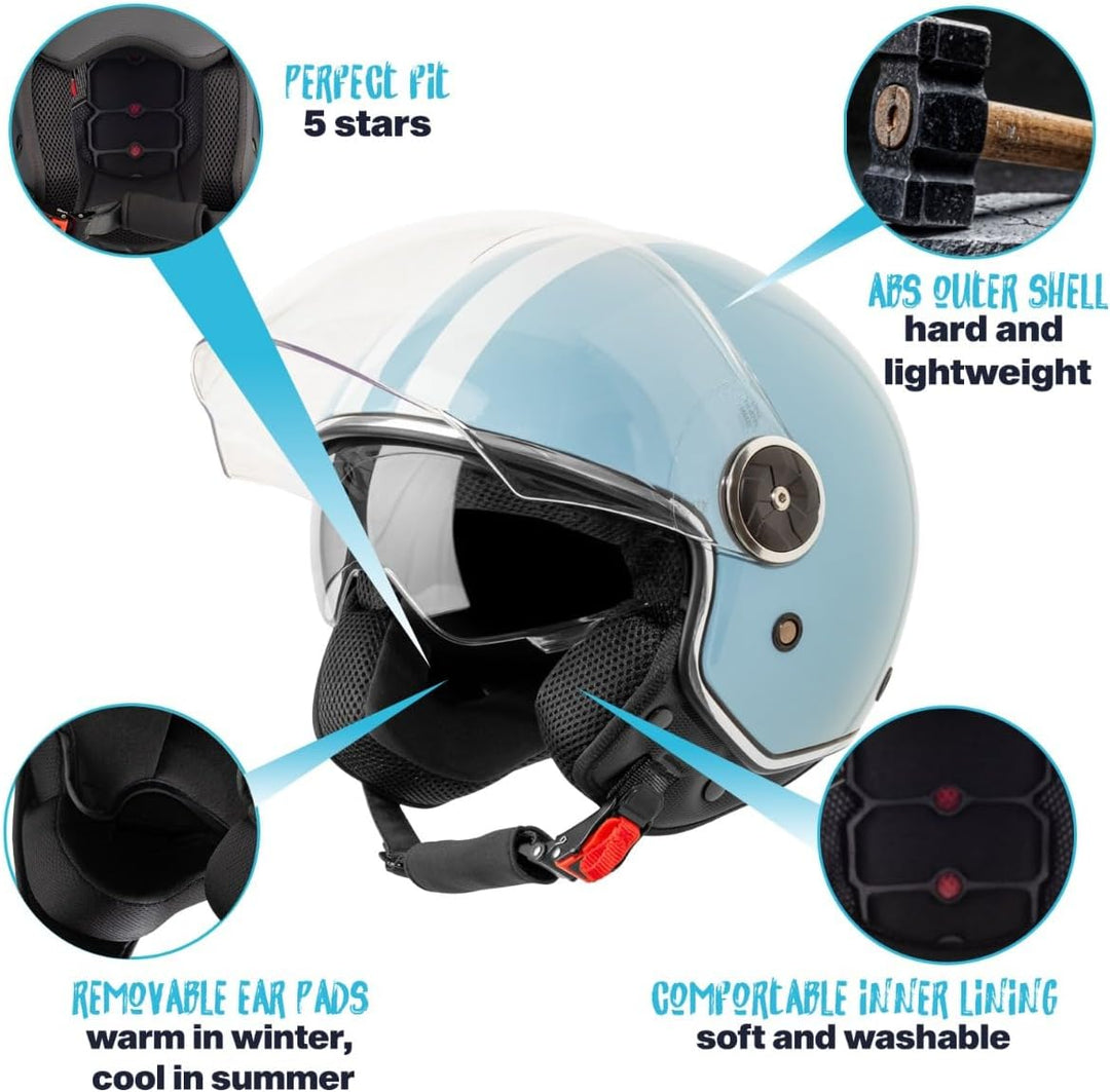 VINZ Arenas Jethelm mit Doppelvisier | Roller Helm Fashionhelm mit Streifen | In Gr. XS-XXL | Jet He