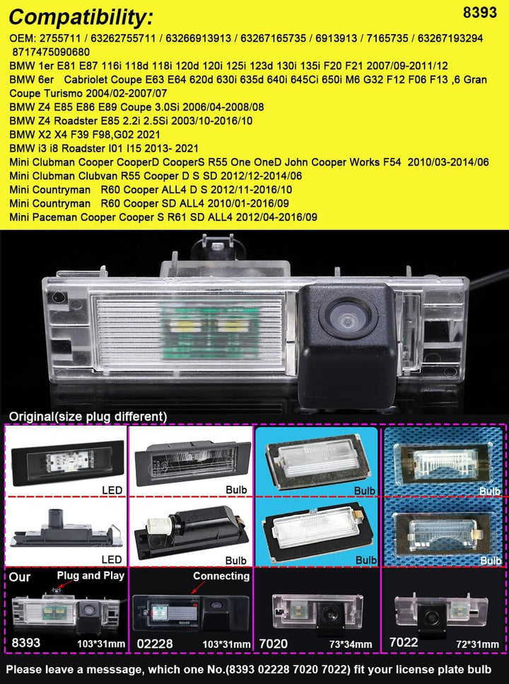 HD Nachtsicht Rückfahrkamera Ersatz für BMW 1er E81 E87 116i 118d F20 F21/6er Cabriolet Coupe E63 E6