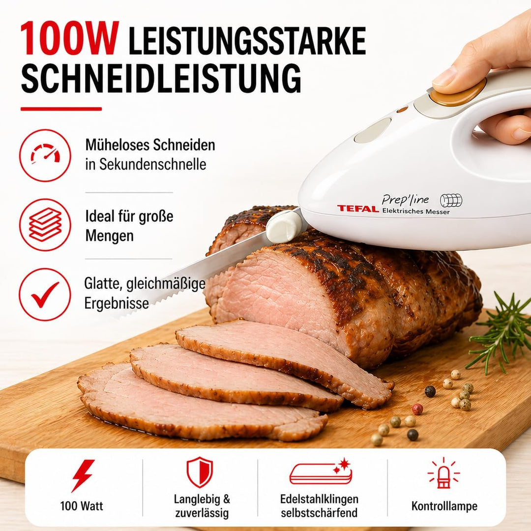 Tefal 8523.31 Elektrisches Messer | 100 Watt | Edelstahlkling | geeignet für Tiefkühl-Gut | weiss/gr