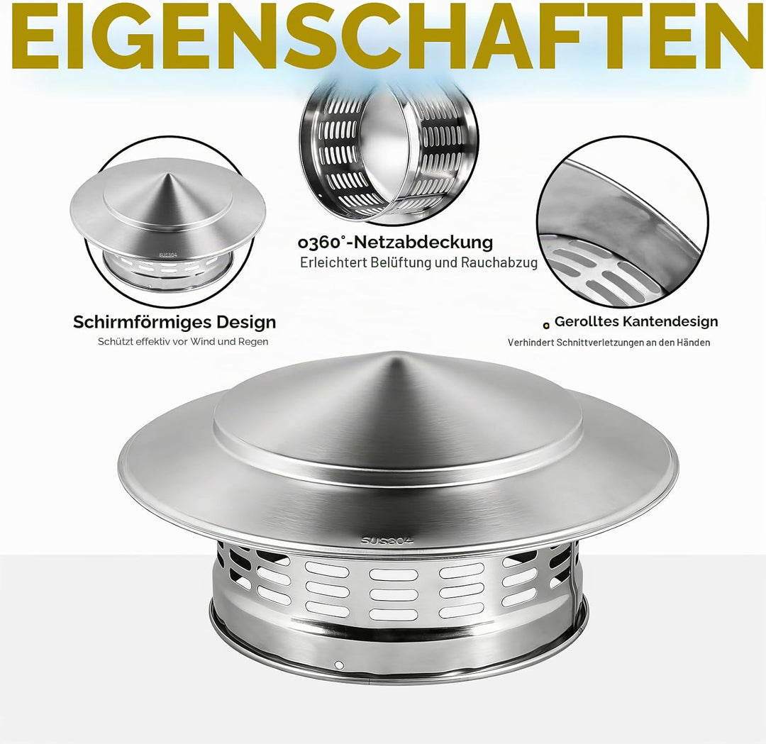 SWAWIS Ø 160mm Schornsteinabdeckung Runde aus Edelstahl 304 Regenhaube Schornstein Kaminhaube Kamina