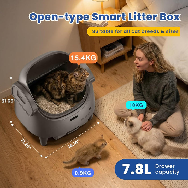 Selbstreinigende Katzentoilette Offen, Automatische Katzenklo mit App & Sicherheitssensor, Grosser A