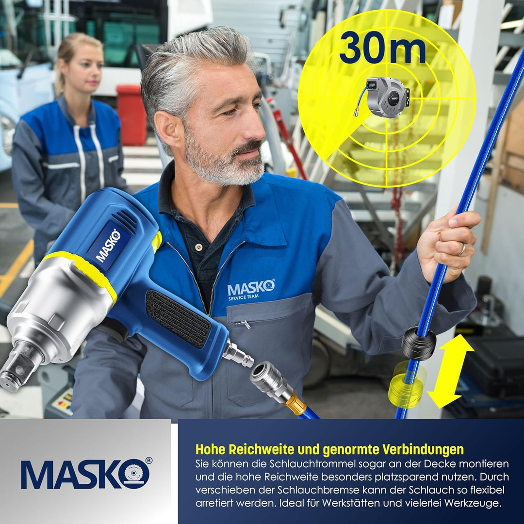 MASKO® Automatik Druckluftschlauch Aufroller 30m – Schlauchtrommel mit 1/4" Anschluss, Schlauchaufro