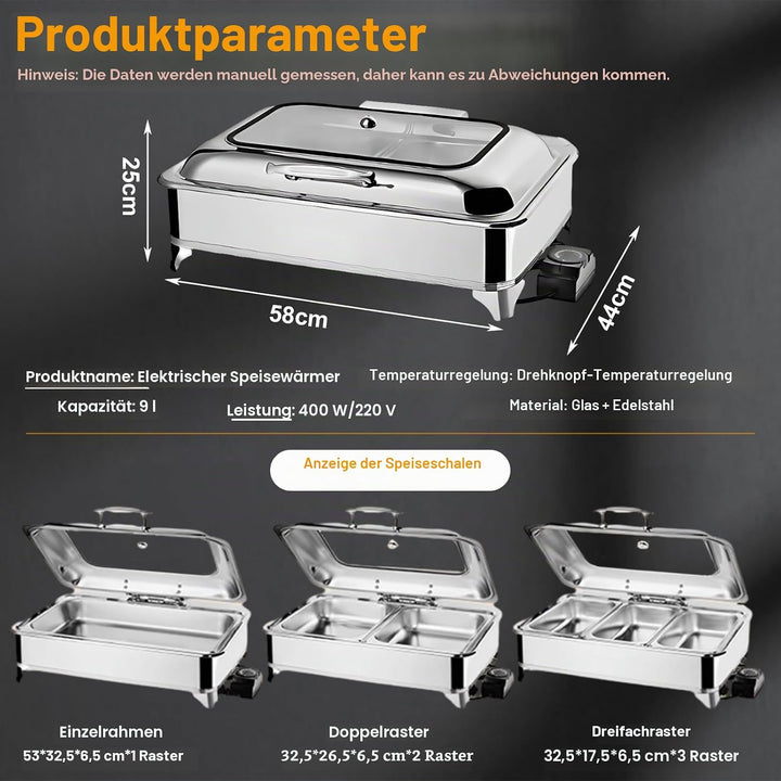 Chafing Dish Elektrisch, 9L Edelstahl Speisenwärmer Buffetwärmer mit Sichtbarem Glasdeckel, Kommerzi