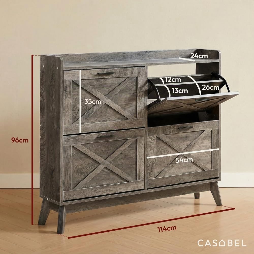 CASABEL Schuhschrank mit 4 Klappen, Fronten mit Kreuzmuster, DunklesHolz, Funktionales Design, Gross