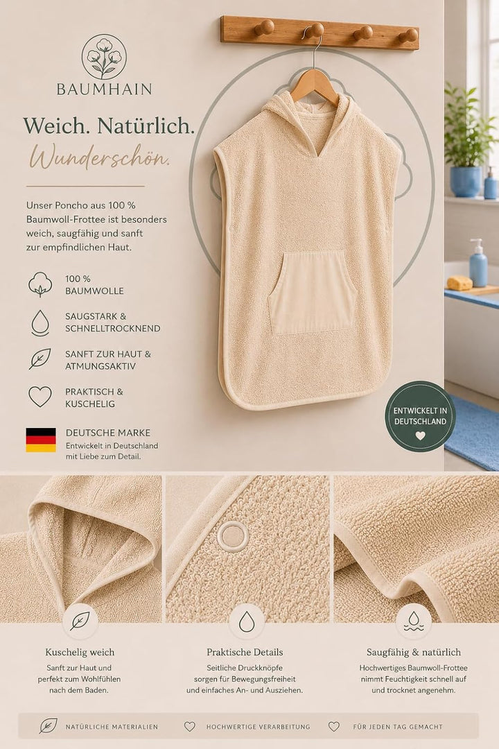 Kinder Badeponcho mit Kapuze aus 100% Baumwolle Frottee 1-4 Jahre Sandbeige, 1-4 Jahre Sandbeige