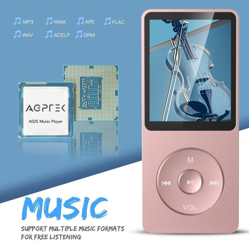 AGPTEK MP3 Player, 8GB/16GB MP3 Player 70 Stunden Wiedergabezeit MP3 Player (8GB, Rosagold) 8GB