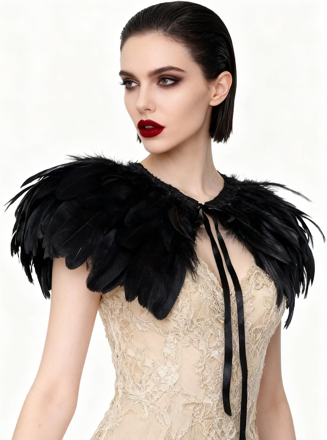 keland Feder Cape Stola Schwarz Weiss Beige Schal Halloween-Kostüm, Schwarz