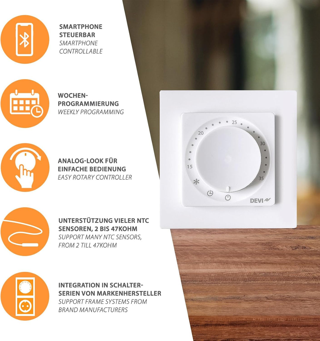 DEVIreg Room 140F1161 Bluetooth Thermostat Raumregler mit EXT. 15kOhm Sensor für elektrische Fussbod