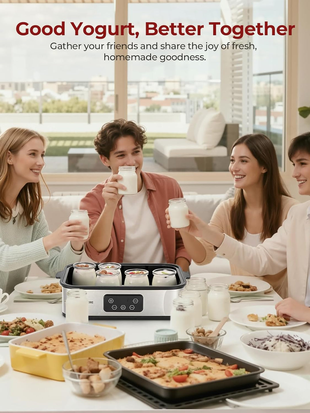 FOHERE Joghurtbereiter 25W inkl. 12 Glasbehälter à 180 ml für bis 2,16L Selbstgemachten Joghurt, Gri