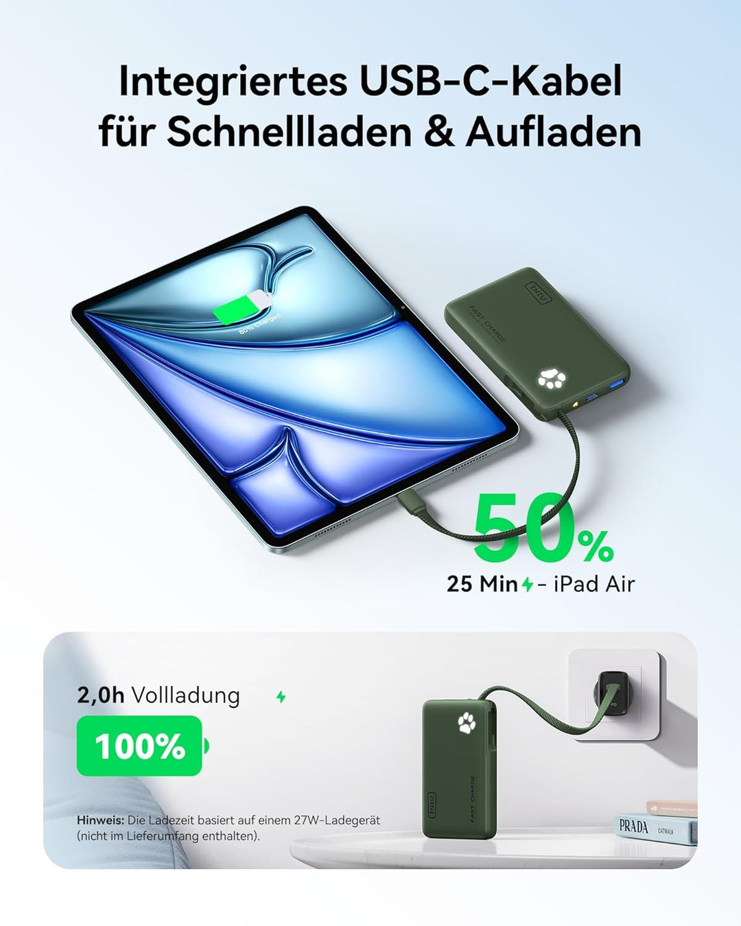 INIU 45W Power Bank, Mini-Grösse 10000mAh PowerBank mit Integriertem USB-C Kabel, Schnellladen Exter