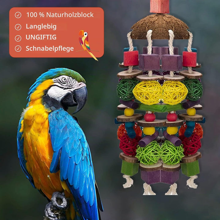 MQUPIN Vogel Papagei Kauen Spielzeug,22 Inch Papagei Kauspielzeug Buntes Natürliches Sicheres Holz B