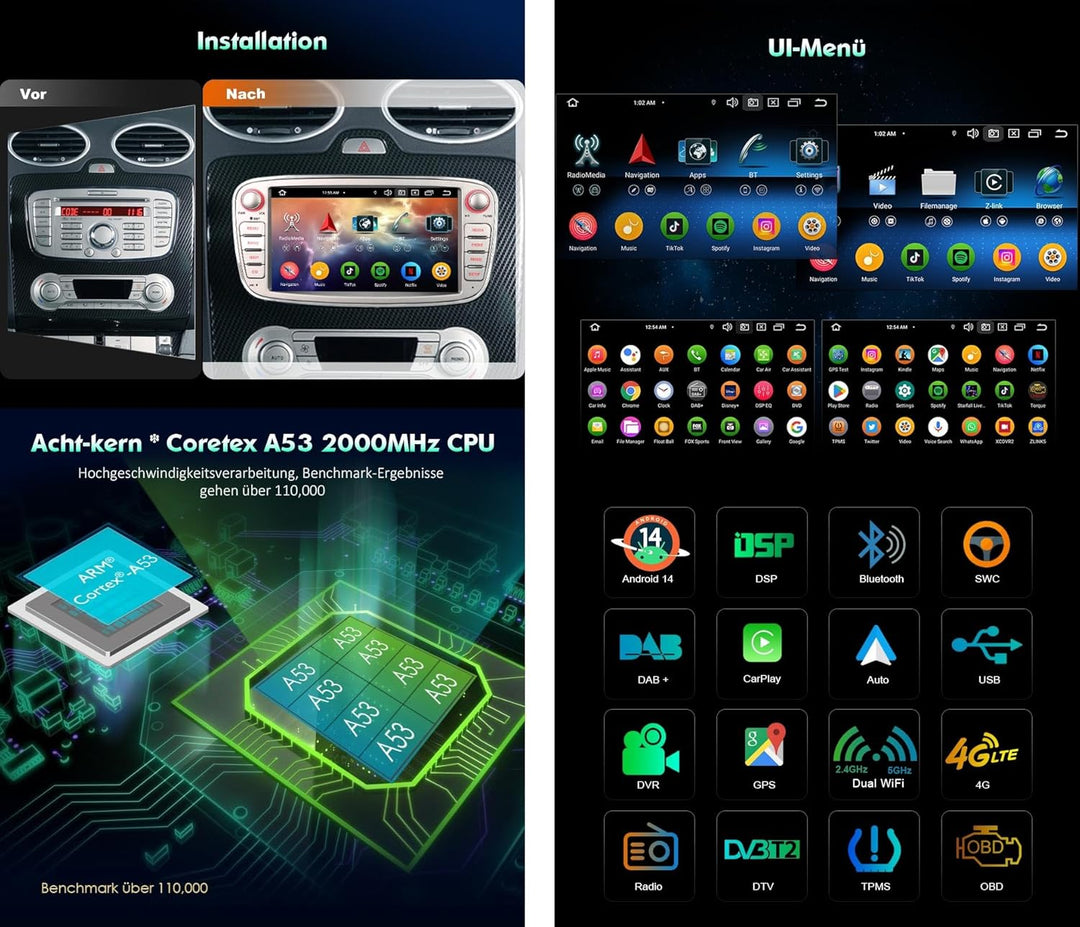 Erisin 7 Zoll 8-Kern 4GB RAM 64GB ROM Android 14 Autoradio GPS Navigation Für Ford Galaxy C-Max Focu