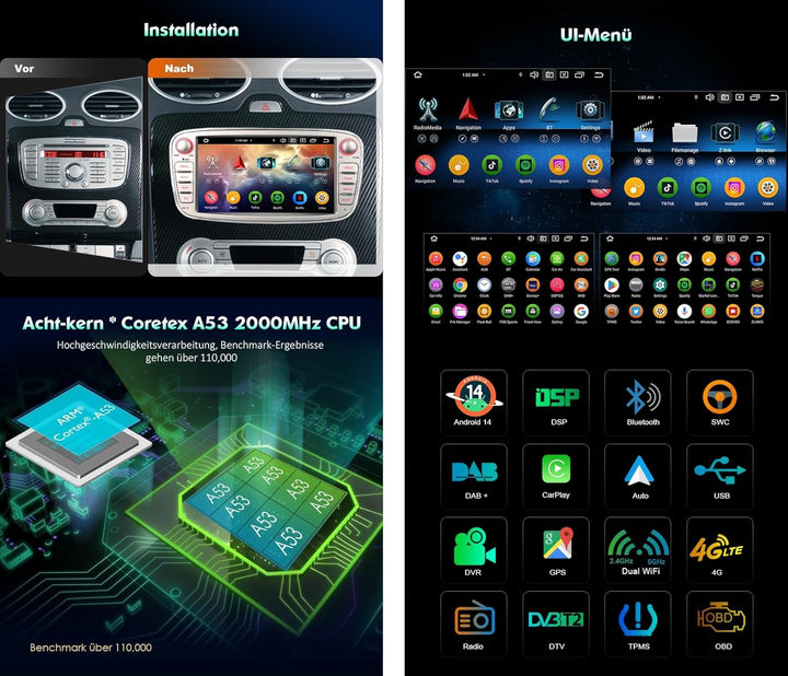 Erisin 7 Zoll 8-Kern 4GB RAM 64GB ROM Android 14 Autoradio GPS Navigation Für Ford Galaxy C-Max Focu