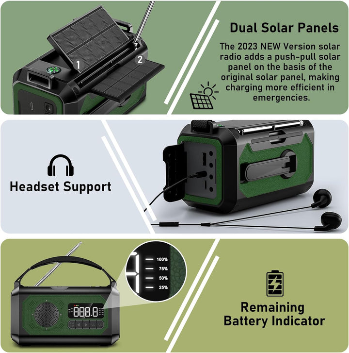 12000mAh Kurbelradio mit Handyladefunktion, Solar Radio mit 2 Sonnenkollektoren, AM/FM Tragbar Notfa