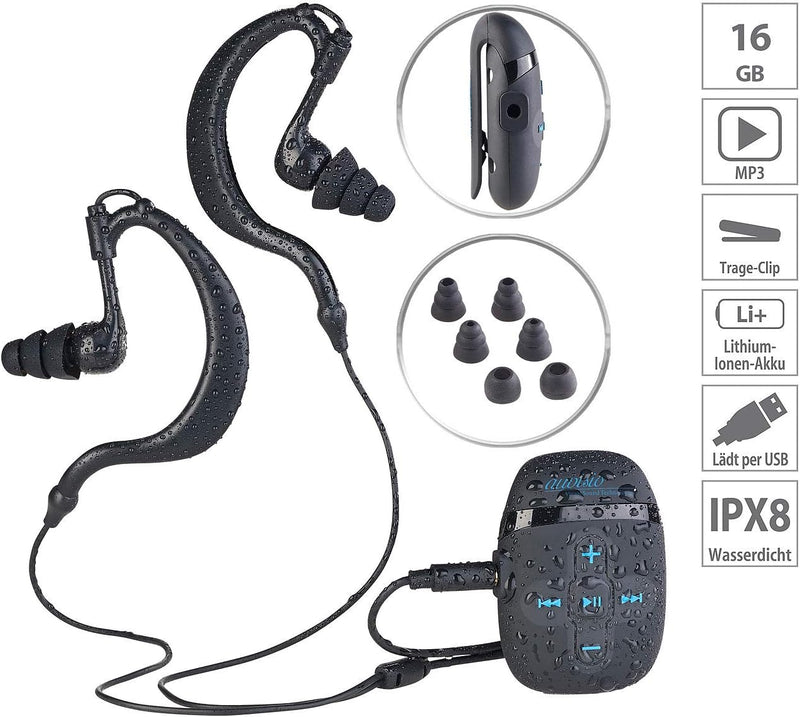 auvisio Kabelloser MP3 Player: Wasserdichter Sport-MP3-Player DMP-450.x8 mit 8 GB Speicher, IPX8 (MP