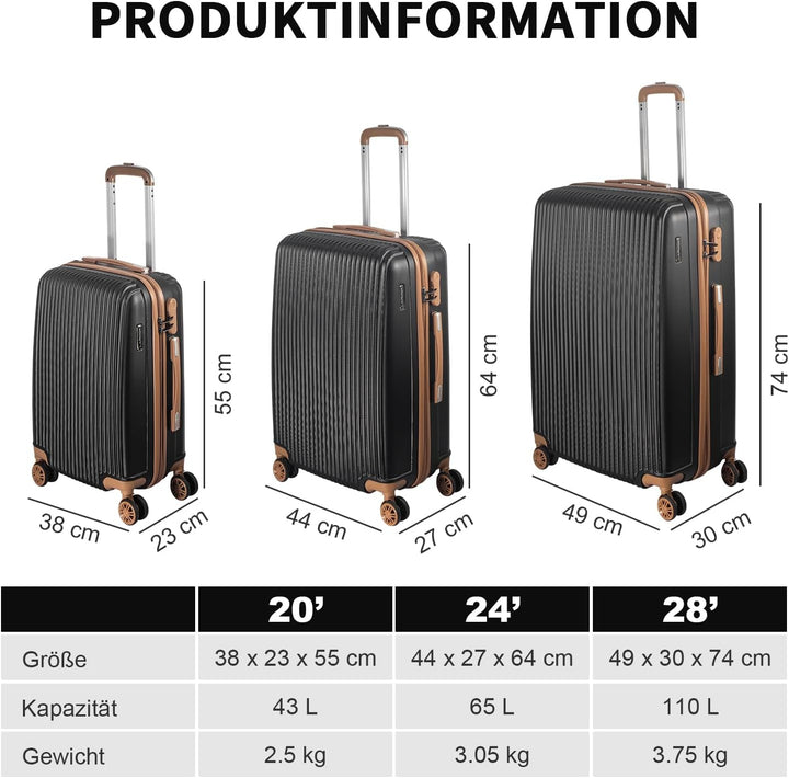 Hartschalenkoffer Set 3 Teilig, Kratzresistente Premium ABS-Hartschale, 55 64 74 cm, 360-Grad-Doppel