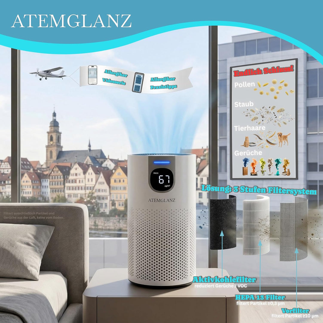 Allergiker Luftreiniger (Auto-Modus, PM2.5 Anzeige) HEPA + Aktivkohlefilter gegen Pollen, Staub, Tie