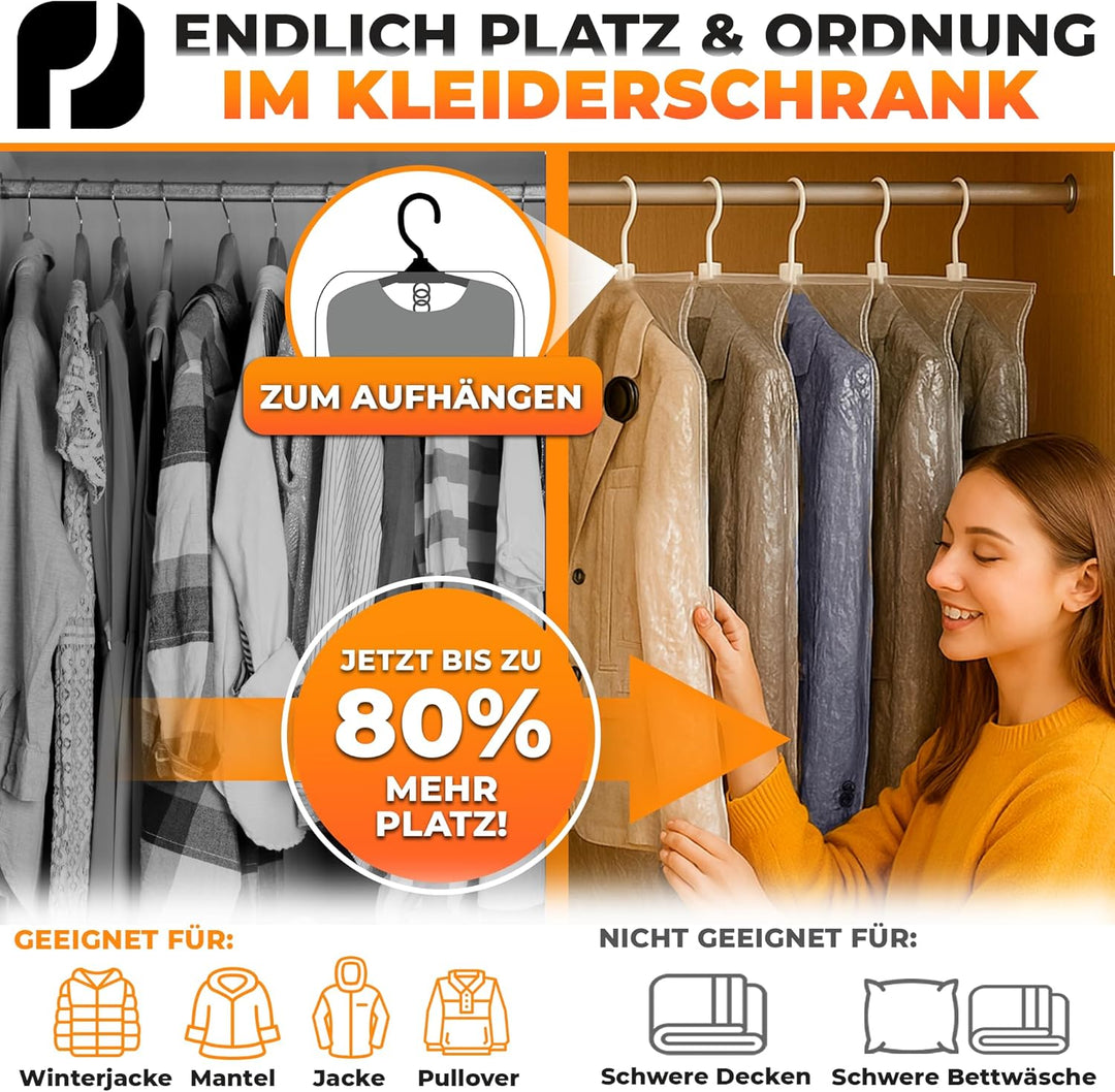Hängende Vakuumbeutel für Kleidung (mit Haken) I 5 STÜCK I Grösse XL: 100x70cm I Grosse Vakuumierbeu