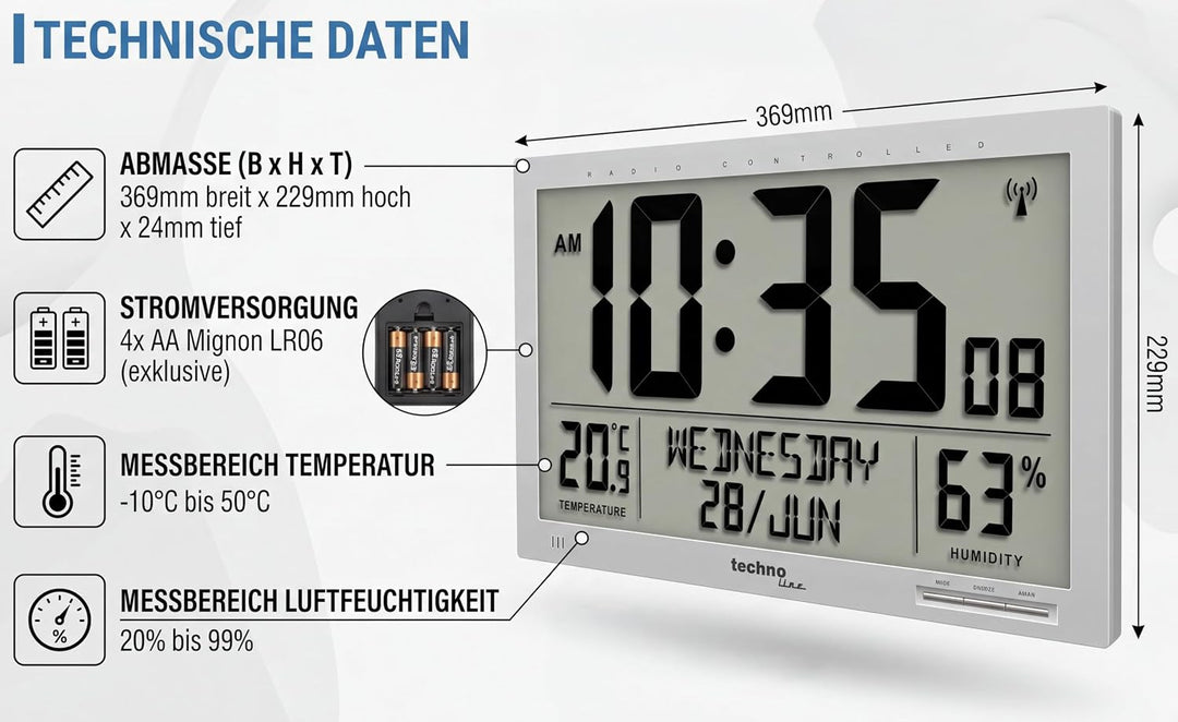 Technoline WS 8013 - digitale, moderne Designer XL Funkwanduhr, schlanker Rahmen, Temperaturanzeige,