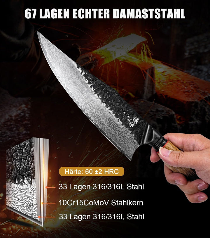 OKAMI Damastmesser Chefmesser 21,9 cm – Handgeschmiedetes japanisches Küchenmesser aus echtem Damast