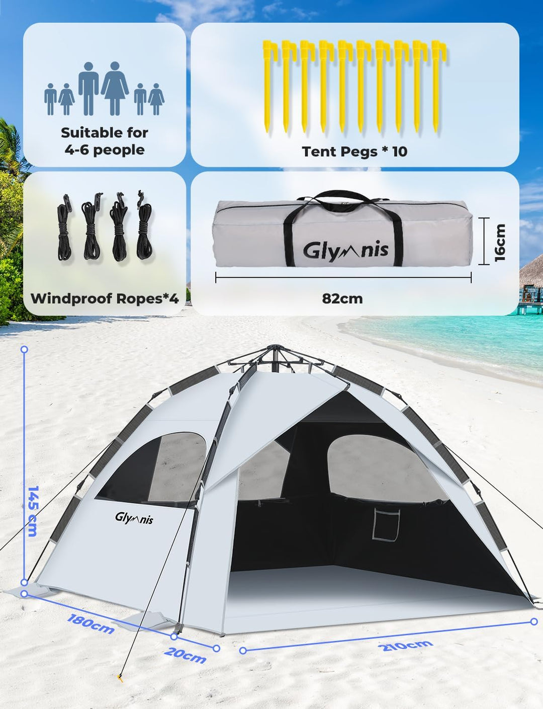 Glymnis Strandmuschel Quick Up Strandzelt Automatisches Strand Zelt UV-Schutz 50+ Windschutz kleines