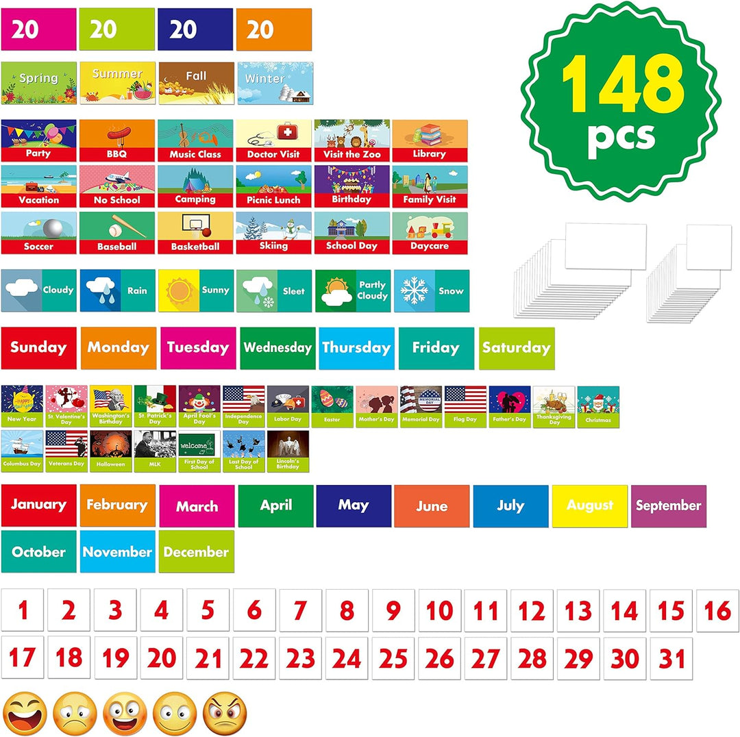 Kalender- und Wetterkarte mit Taschen und 148 Karten (108 illustrierte Aktivitätskarten, 40 trocken