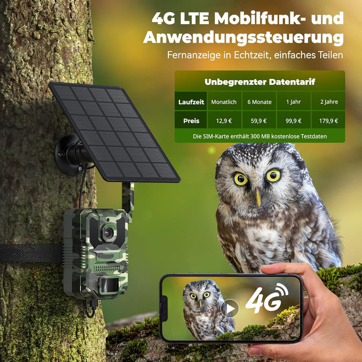 4G LTE Solar Wildlife Camera mit SIM Karte, Wildkamera mit handyübertragung app, Wildtierkamera mit