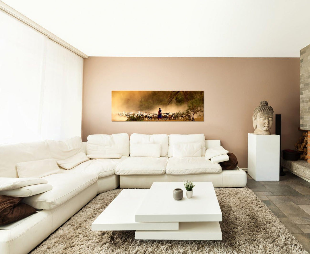 Paul Sinus Art Panoramabild auf Leinwand und Keilrahmen 120x40cm Afrika Hirte Schafherde Bäume Nebel