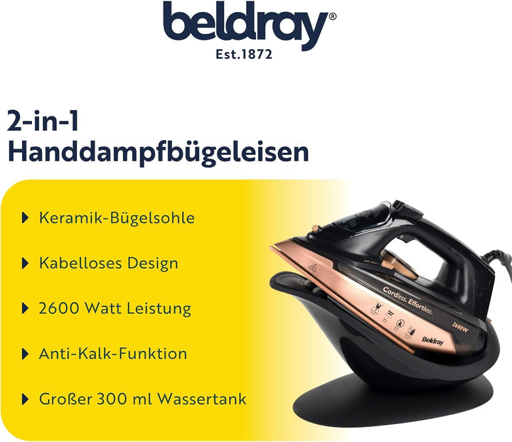 Beldray Dampfbügeleisen - 2-in-1-Handdampfbügeleisen – Grosse kabellose Dampfstation, Keramik-Bügels