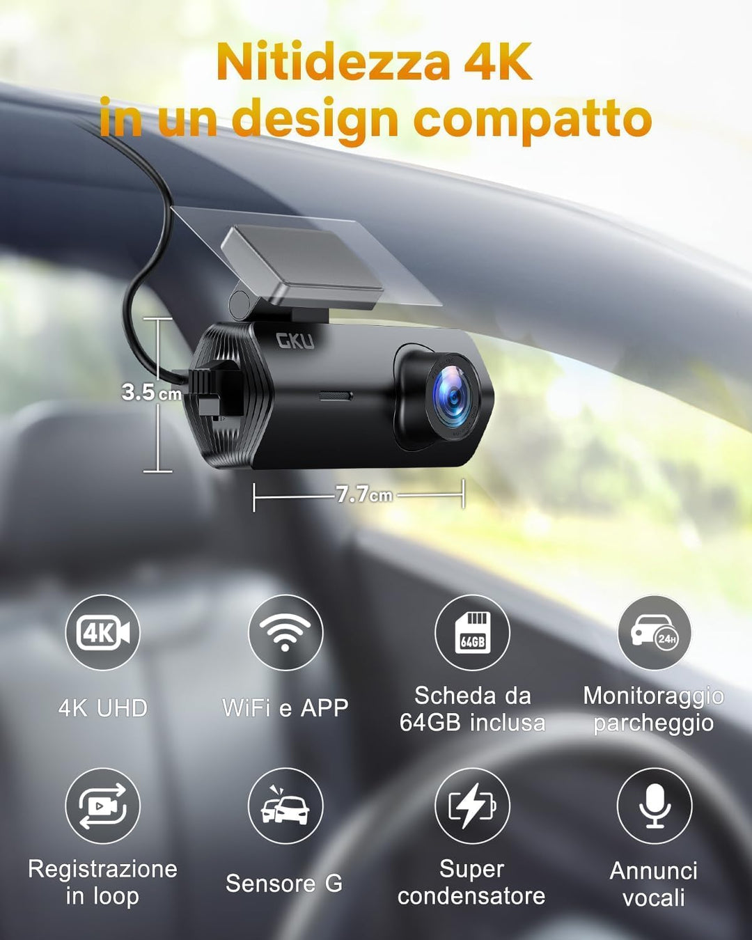 GKU 4K Dashcam Auto,Dashcam Auto vorne,Mini Auto Kamera mit integriertem WLAN,170° Weitwinkel,Nachts