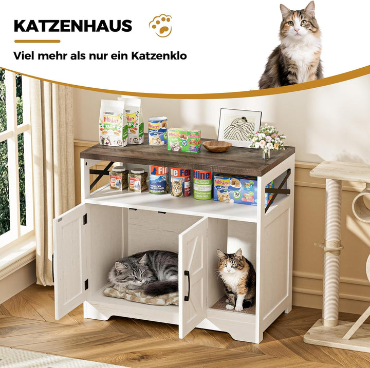Katzenklo Schrank, Katzenhaus Holz, Katzenschrank mit Tür, Versteckte Katzentoilette mit Kratzmatte