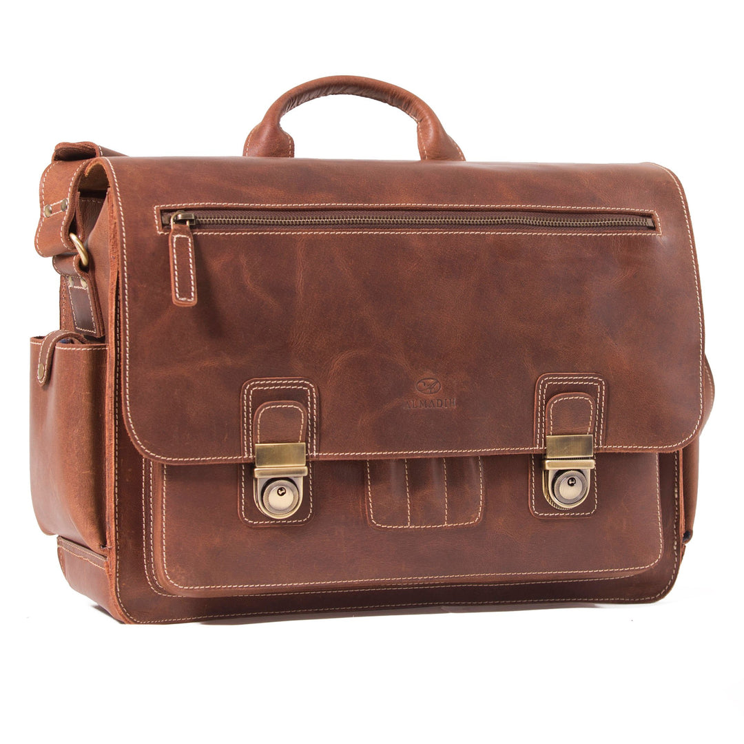 ALMADIH Leder Messenger *WILL* handgefertigt aus robustem Premium Rindsleder braun Vintage Sattlerqu