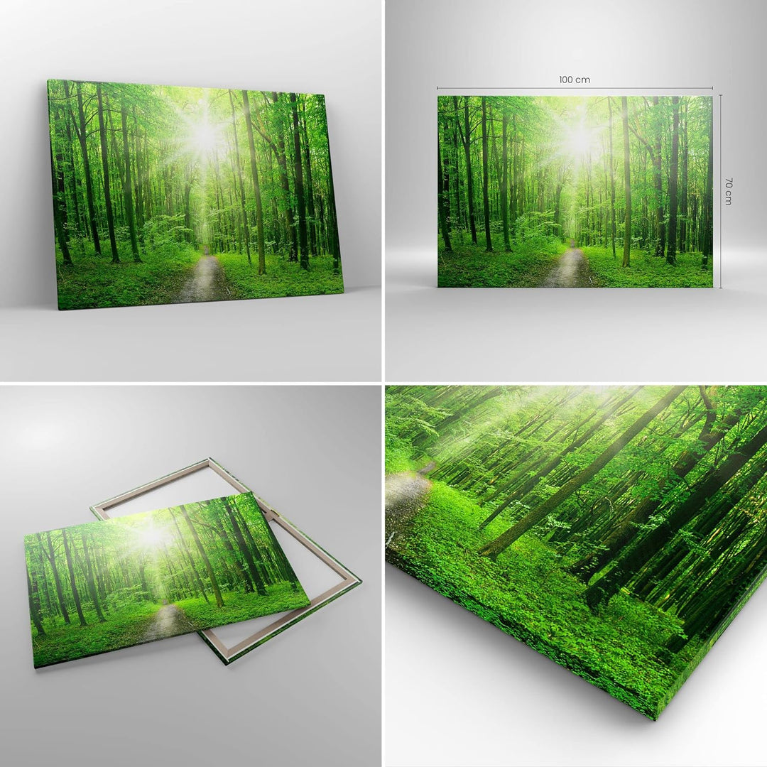Bilder auf Leinwand 100x70cm Leinwandbild Sonnenstrahlen Wald Sommer Gross Wanddeko Bild Schlafzimme