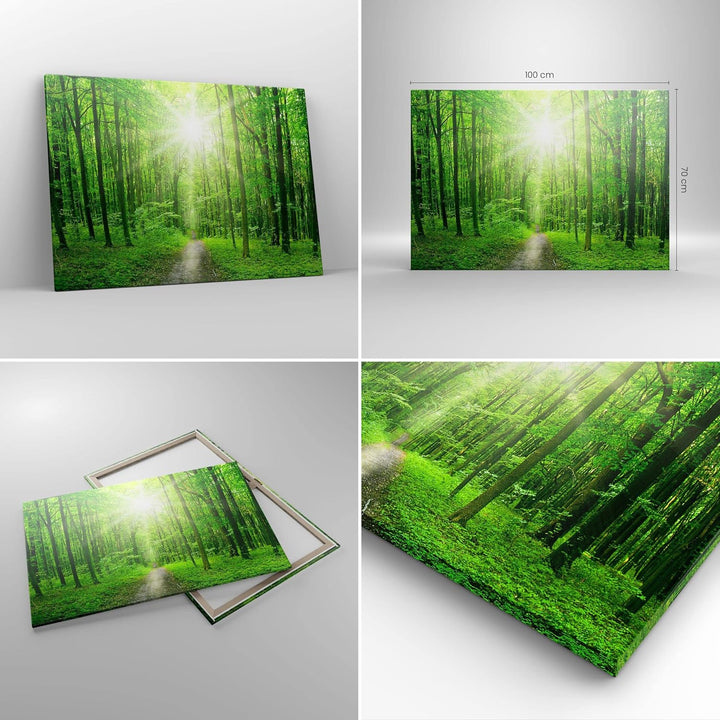 Bilder auf Leinwand 100x70cm Leinwandbild Sonnenstrahlen Wald Sommer Gross Wanddeko Bild Schlafzimme