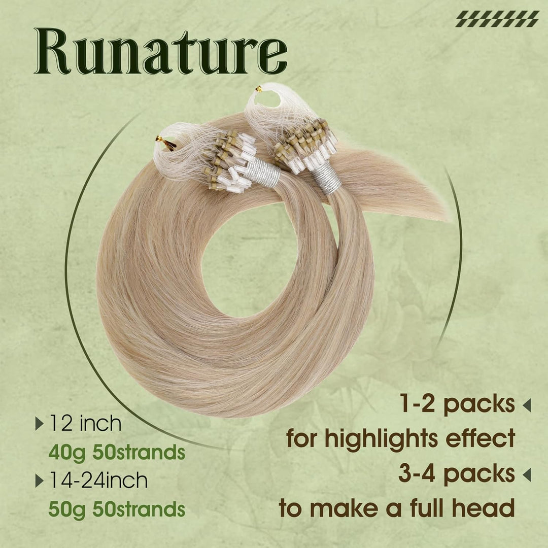 RUNATURE Extensions Echthaar Microring Blond Highlights Lang Echte Haare 40cm Haarverlängerung 50s A