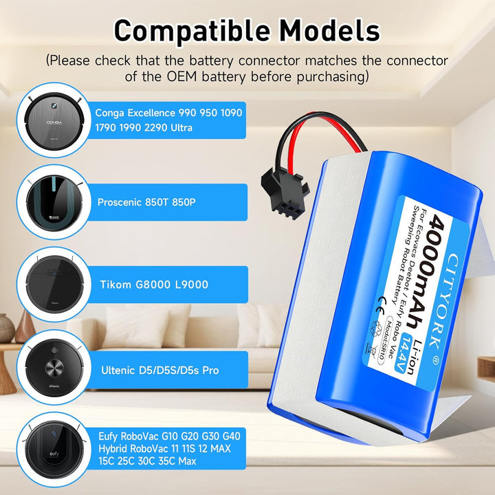 CITYORK Li-ion Upgrade 4000mAh Akku für Proscenic 850T 850P, Für Tikom G8000 L9000 Robot, Für Venga