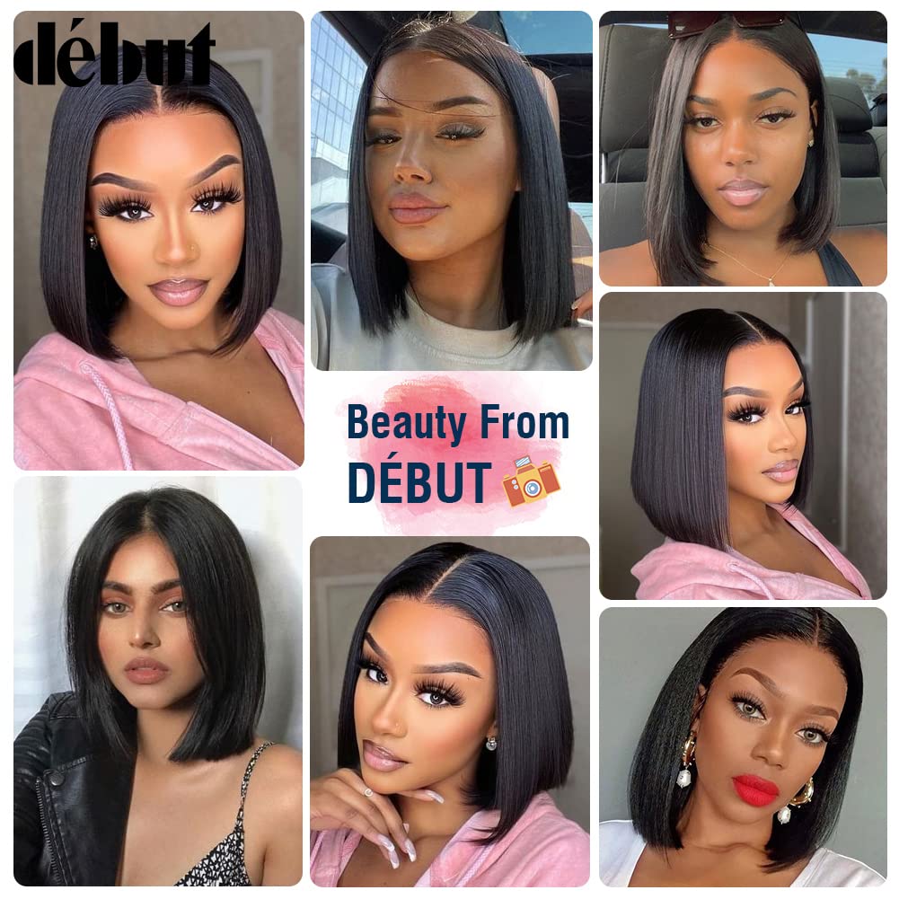 DÉBUT Straight Bob Perücken Echthaar T Part Lace Front Bob Perücke Vorgezupft mit Babyhaar 150% Dich
