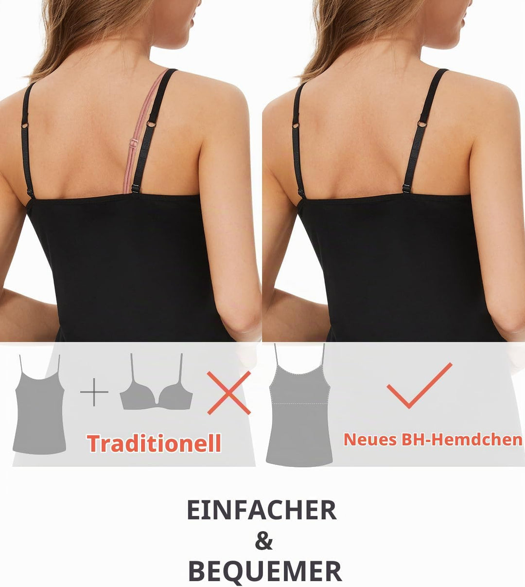 Knuffnee Damen Baumwolle Unterhemd Regal BH Unterhemden Verstellbaren Spaghetti Top 3er Pack, Schwar