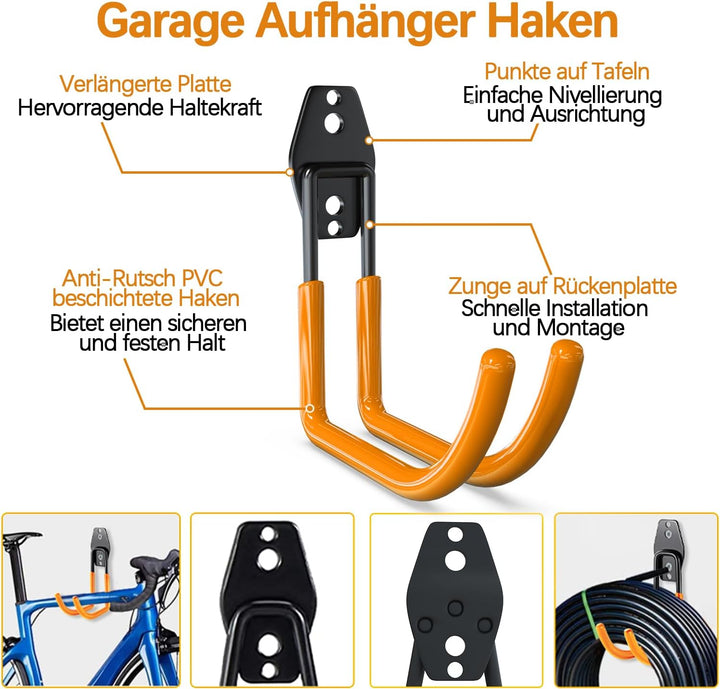 3-H Wandhaken Garage, Doppelhaken 14 Stück, Wandhaken Schwerlast für Leiter, Geräte, Luftschlauch, G