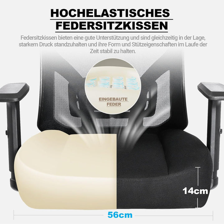 MELOKEA Bürostuhl 200KG XL [Lendenkissen Inklusive], Bürostuhl Ergonomisch 56 cm Sitzkissen, 56 cm S